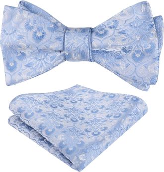 Alizeal Mens Floral Self Tied Bow Tie and Pocket Square for Wedding Party Business Tie Set, Light Blue
