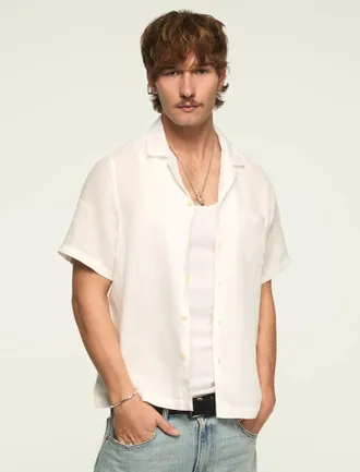 Lucky Brand Mens Short Sleeve Linen Camp Collar Shirt