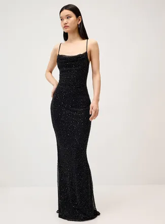 Twik Womens Black beaded mesh maxi dress