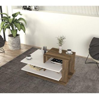 Toilinux Mesa De Centro Bicolor En Blanco Y Nogal Con Almacenaje, 84,8x43,6x60 Cm, Para Sal&oacute;n U Oficina Contempor&aacute;nea
