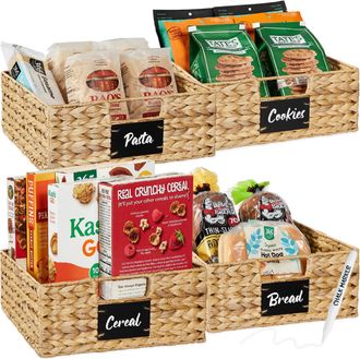 Best Choice Products Set of 4 13in Woven Water Hyacinth Pantry Baskets w/ Chalkboard Label, Chalk Marker