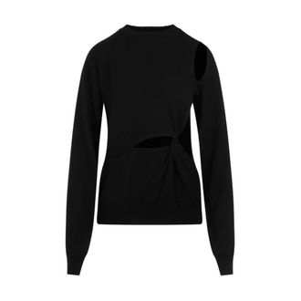 Sportmax Holiday Cutout Zwarte Pullover van Virgin Wool - Dames - Ronde hals truien - Zwart - S - Truien & Vesten