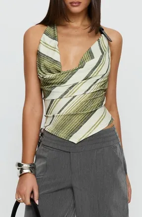 Princess Polly Syrenah Cowl Neck Halter Top in Green Stripe at Nordstrom, Size 12