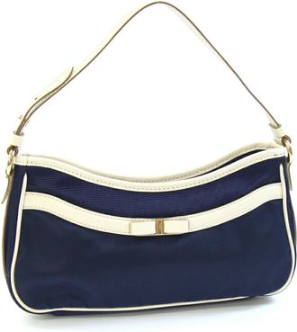 Ferragamo Vara ivory Navy Nylon Leather Handbag Pouch (Pre-Owned)