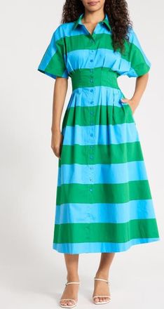 Sugarlips Wilderra Pleated Cotton Maxi Shirtdress in Blue-Green-Stripe at Nordstrom, Size X-Small
