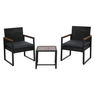 Hhg [nunca Usado] Conjunto De Muebles De Rat&aacute;n Sint&eacute;tico Hhg-733, Conjunto De Sal&oacute;n Para Jard&iacute;n Con 2 Sillas Y Mesa, Madera De Acacia, Tela De 180 G/m&sup2;, N