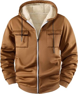 Generic Mens Fleece Lined Hoodies Full Zip Fleece Lined Winter Warm Jacket Casual Comfort Outdoor Windproof Hooded Outerwear mens zip up cardigan Brown XL
