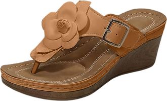 Generic Womens Summer Wedge Sandals With Floral Embellishments Solid Color Retro Flip Flops Fashionable Lightweight And Comfortable Summer Shoes Beach Walking