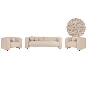 Beliani Conjunto De Sala De Estar 5 Plazas Sof&aacute; Y 2 Sillones Moderno Con Cojines Extra De Boucl&eacute; Beige Leiren