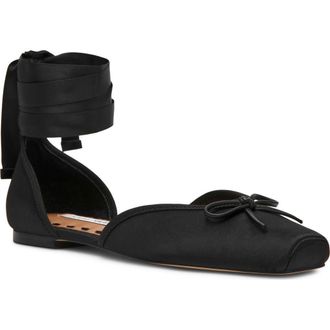 Steve Madden Leonora Ankle Wrap Flat in Black Satin at Nordstrom, Size 6.5