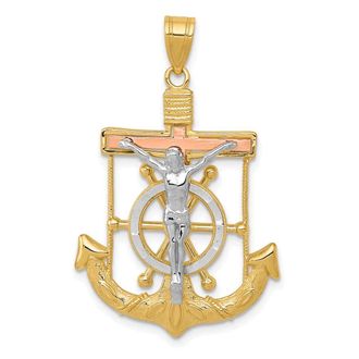 Diamond2Deal 14k Tri-color Gold Diamond-cut Textured Mariners Cross Pendant