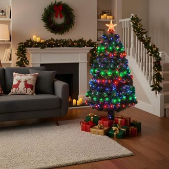 Shatchi 6Ft/180cm Multicolour 8 Modes Fibre Optic Christmas Tree LED Pre-Lit in Green | Size: 6ft