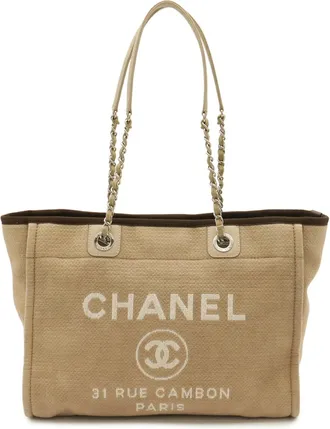 Chanel Beige Brown Canvas Shoulder Bag Tote Bag (Pre-Owned)