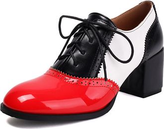 Generic Womens High Heeled Wingtips Oxford Shoes Lace-Up Vintage Brogues Chunky Block Heel Work Shoes,Red,8.5 UK