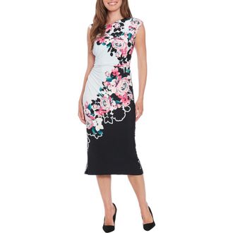 London Times Floral Ruched Cap Sleeve Midi Dress in Black/Pink at Nordstrom Rack, Size 16
