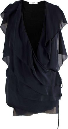 Lanvin Black and Navy Wrap Blouse with Frill Detail Size S