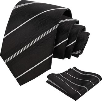 Alizeal Mens 8cm Business Stripe Pattern Formal Tie and Hanky Unique Classic for Wedding Necktie Set, Black Stripe