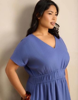 Live Unlimited London Womens Petite Blue Linen Blend V-Neck Waist Detail Midaxi Dress - Size: 18