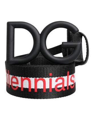 Dolce & Gabbana Black Polyester Logo Print DG Buckle Mens Belt