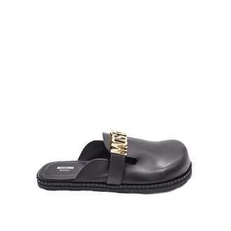 Moschino Zwarte Mules Schoenen met Zwarte Lettering - Heren - Slip ons - Zwart - 41 EU - Leer - Schoenen