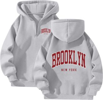 Generic 2026 Winter Fall Womens Slogan Letter Graphic Oversized Aesthetic Hoodie Drop Shoulder Fleece Hooded Sweatshirt Pullover (Grey, XL)