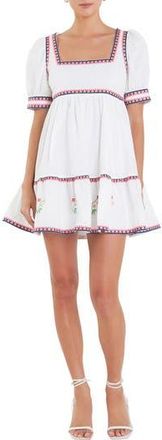 English Factory Embroidered Puff Sleeve Cotton Babydoll Dress in Ivory Multi at Nordstrom Rack, Size X-Small