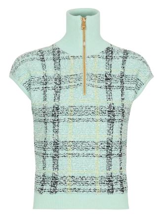Balmain plaid-detail zip-fastening top - Green