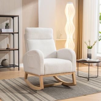 Direct Wicker Mid Century Modern Teddy Fabric Upholstered Rocking Chair Padded Seat in Beige | Size: 1 Pack