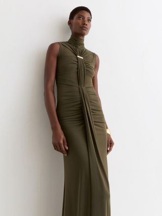 Reiss Khaki Green Ruched Sleeveless Maxi Dress, 10