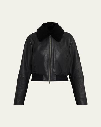 Vince Shrunken Leather Jacket with Detachable Shearling Collar