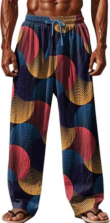 Generic Mens Yoga Beach Pants Wide Leg Printed Summer Pants Men Hippie Wide Leg Sweatpants Elastic Waist Baggy Trousers Hawaii Holiday Pant Patterned Yoga Hip