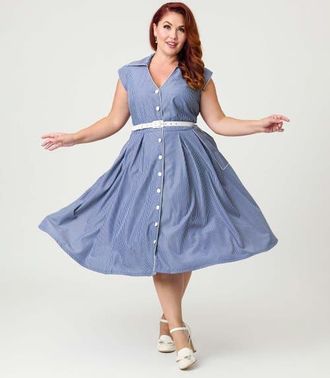 Unique Vintage Plus Size Shirt Swing Dress in Blue & White Stripe at Nordstrom, Size 3X