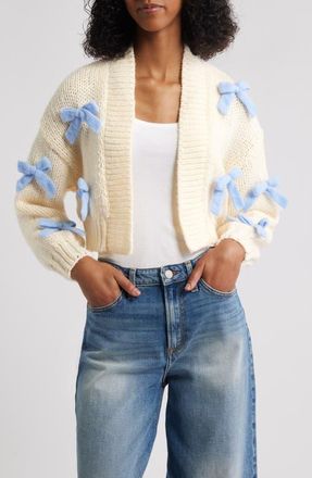 Roffe Accessories Bow Accent Crop Open Front Cardigan in Ivory at Nordstrom, Size X-Small
