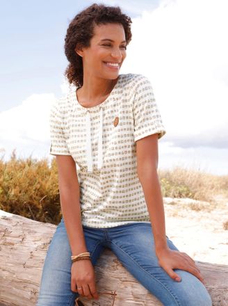 Casual Looks Print-Shirt CASUAL LOOKS Print-Shirt, Damen, Gr. 36, beige, ecru, bedruckt, 95% Baumwolle, 5% Elasthan, gemustert, mehrfarbig, Rundhals, Shirts Print-