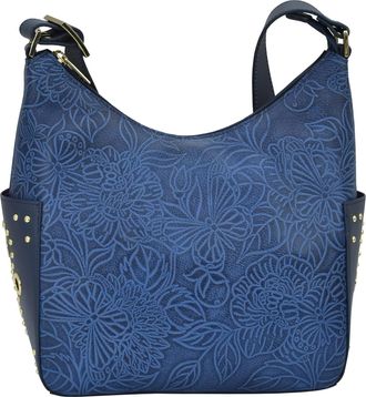 Anuschka Womens Hand-Painted Genuine Leather Classic Hobo with Studded Side Pockets - Tooled Butterfly Ocean