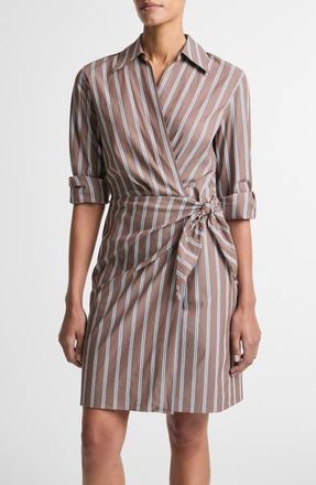 Vince Stripe Long Sleeve Tie Waist Dress in Brown Multi at Nordstrom, Size Xx-Small