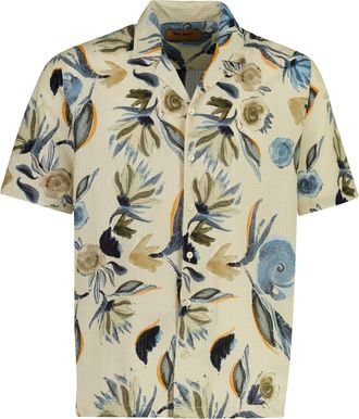 Mos Mosh Mos Mosh overhemd beige seersucker bloem wijde fit