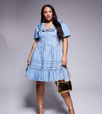 Asos Curve denim collared puff sleeve mini dress in blue-Black
