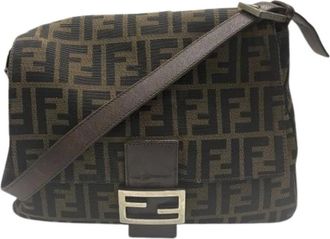 Fendi Pre-owned Shoulder Bags, female, Brown, Size: ONE SIZE Pre-owned Mamma Baguette Zucca Canvas Leather Shoulder Bag