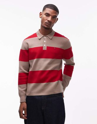 Tommy Hilfiger Polo stile rugby a maniche lunghe a righe rosso e color cuoio color block-Marrone