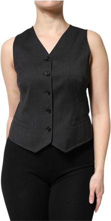 Dolce & Gabbana Jassen, Dames, Zwart, S, Leer, Gestreepte Knopen Sluiting Mouwloze Vest Top