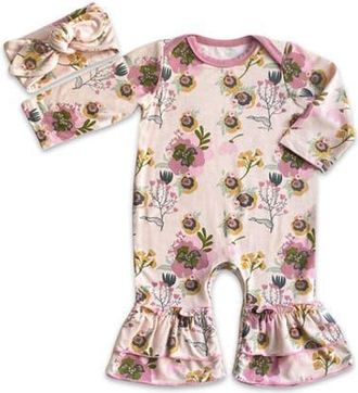 Everly Grey Ruffle Romper & Head Wrap Set in Camellia at Nordstrom, Size 12-18M