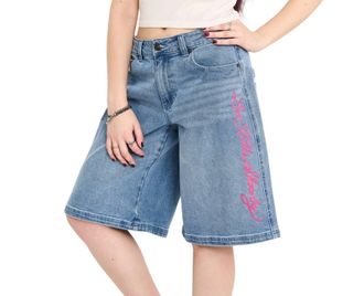 Ed Hardy Flower Diamond Low Rise Baggy Jorts In Light Wash