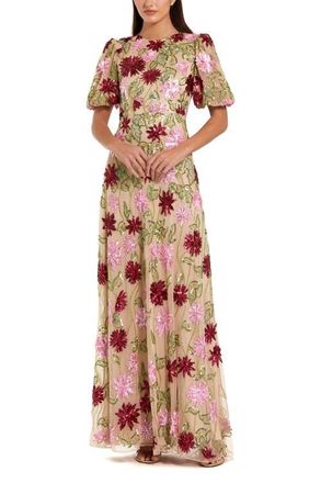 Mac Duggal Floral Embroidered Mesh Gown with Statement Sleeves in Nude Multi at Nordstrom, Size 10
