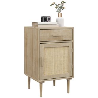 HOMCOM Bedside Table with Rattan Drawer - Cabinet and Adjustable Shelf - Natural | TJ Hughes