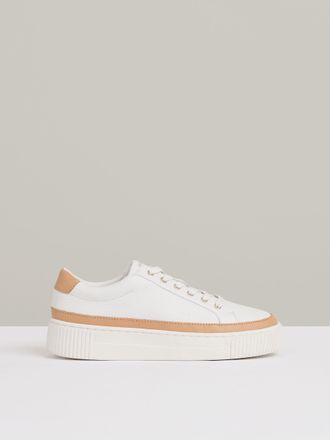 Reiss Leanne Grained Platform Trainers - Brown Leather Plain, Size: 5, Camel & white