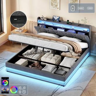 Matteo Super King Upholstered Bed Frame - Hydraulic Storage, LED, Charging in Grey