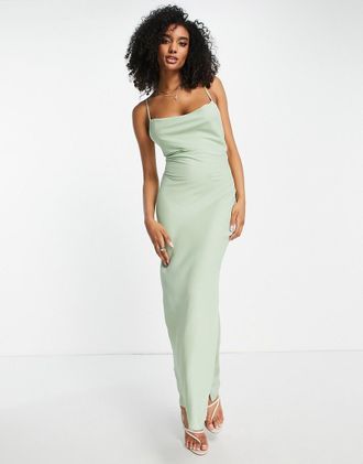 Asos Bridesmaid lace up back maxi slip dress in sage green