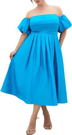 City Chic Rosalee Off the Shoulder Cotton Midi Dress in Azure at Nordstrom, Size Xxxs