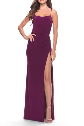 La Femme Elegant Jersey Dress with Ruching and Square Neckline in Dark Berry at Nordstrom, Size 00